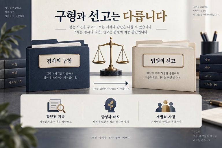 검사의 구형과 법원의 선고 차이를 설명하는 이미지