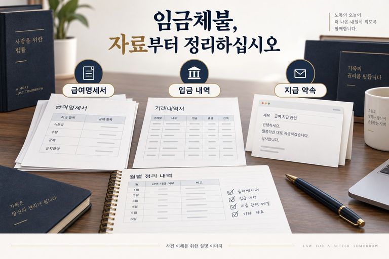 급여명세서·입금 내역·지급 약속을 정리하는 설명 이미지