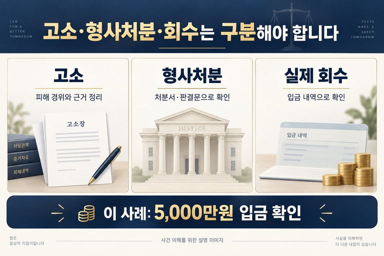 고소·형사처분·실제 회수를 구분하는 설명 이미지