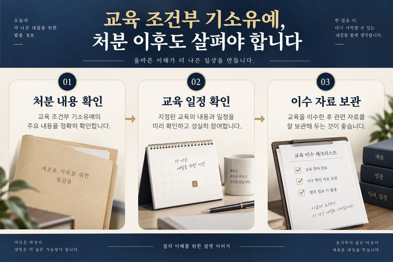 교육 조건부 기소유예 이후 확인 사항을 안내하는 설명 이미지