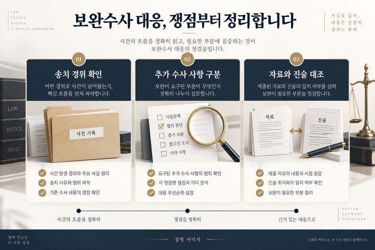 보완수사에서 경위와 추가 확인 사항 및 자료를 정리하는 설명 이미지