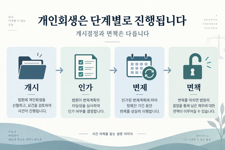개시·인가·변제·면책 단계를 구분한 설명 이미지